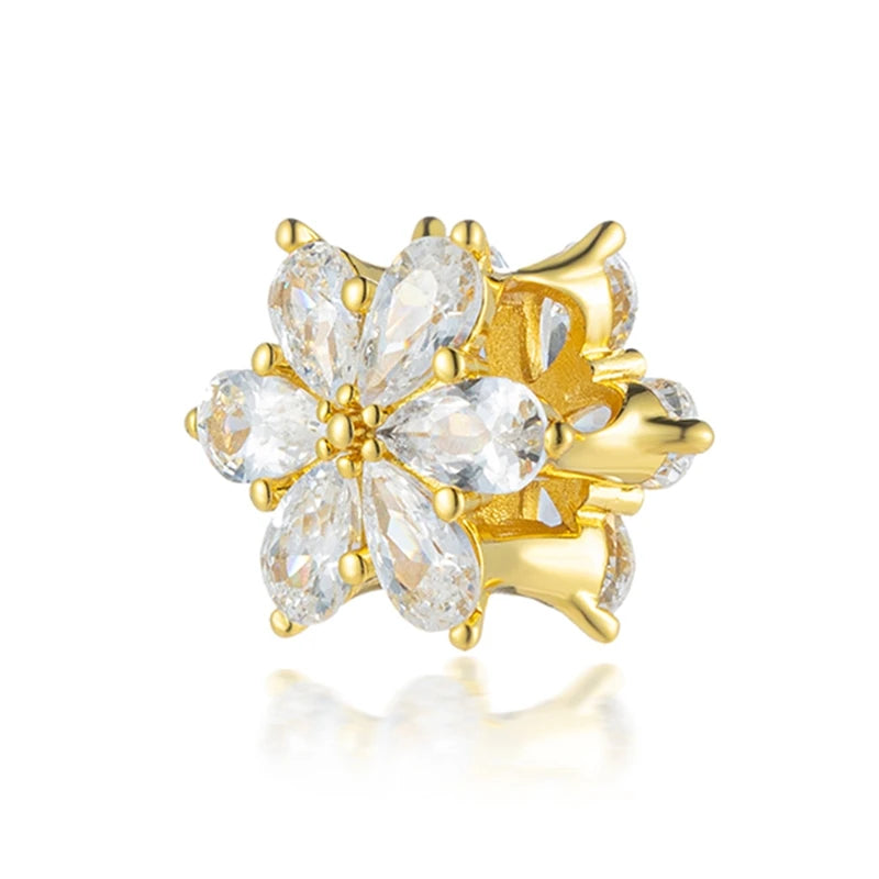 Gold Plated CZ Charms Fit Original Bracelet 925 Sterling Silver Core Heart Star Flower Dangle Beads Luxury DIY Jewelry Gift
