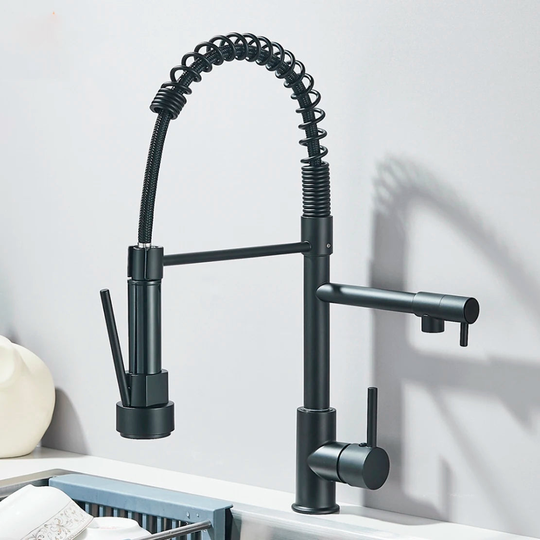 Kitchen Sink Faucet Pull Down Swivel Daul Spout Faucet Brass Deck Mounted Spring Single Handle Cold Hot Water Mixer Tap