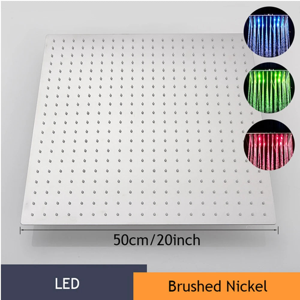 Black Rainfall Shower Head LED Light 20‘’ Large Rainfall Shower Faucet Head Square Brass Showerhead Color Changing Head
