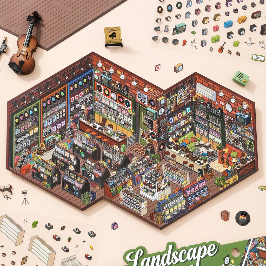 Kawaii  Handmade Shop 3D record store Landscape Sticker  DIY Pocket Cabin Scene festival gift