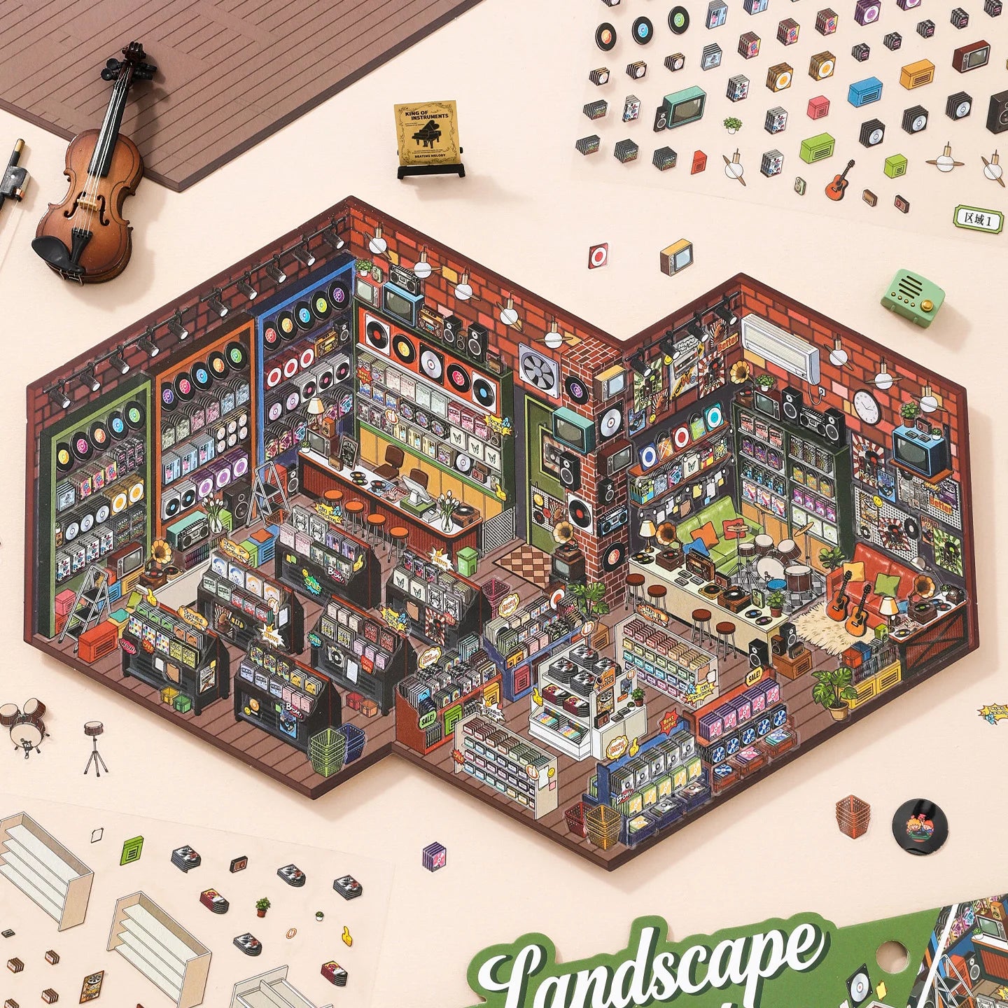 Kawaii  Handmade Shop 3D record store Landscape Sticker  DIY Pocket Cabin Scene festival gift