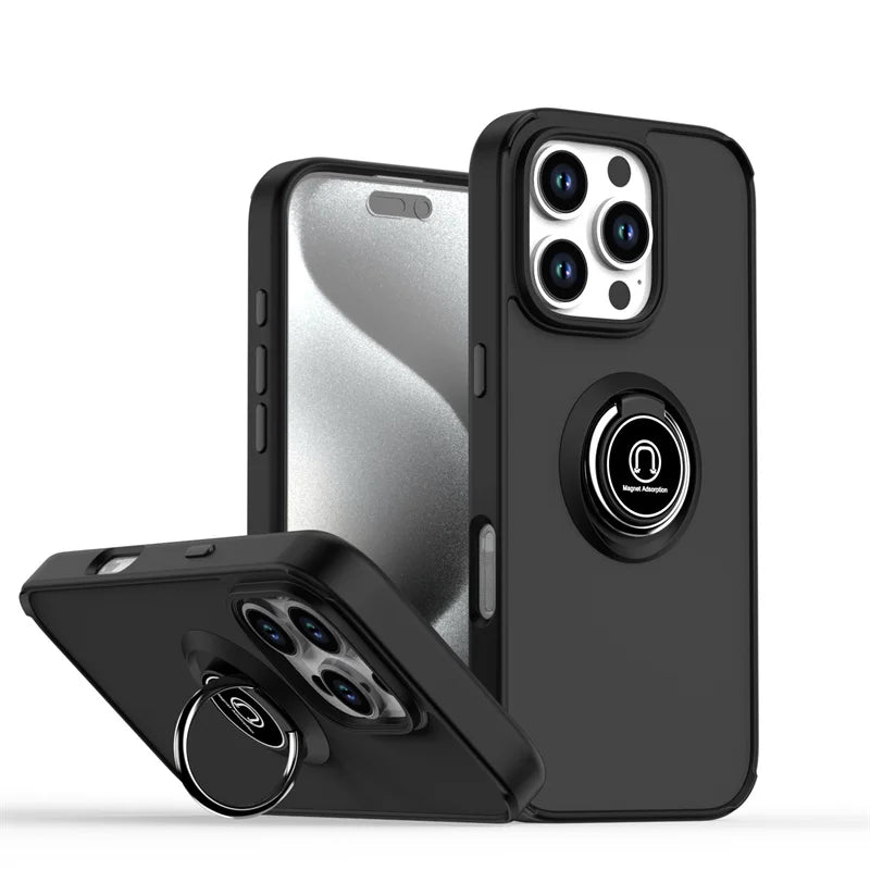Shockproof Matte Hard PC Armor Case For iPhone 16 15 14 13 12 11 Pro Max Mini XS XR X 16e Car Magnetic Holder Ring Stand Cover