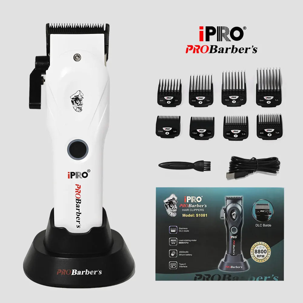 IPRO S1081 Professional Electric Hair Clipper 8800RPM High Speed 4500mAh Long Battery Life Magnetic Detachable Comb Hair Trimmer