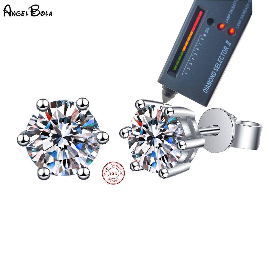 Angel Bola S925 Sterling Silver D Color Moissanite Earrings for Women Classic Six Claw Stud Earrings 0.5-3 Carats Jewelry