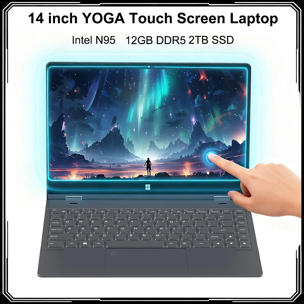 FW-Y1 14 Inch YOGA Laptop Touch Screen Notebook Intel N95 12GB LPDDR5 360° Flip Tablet 2-in-1 Pc Fingerprint Ulock Windows 11