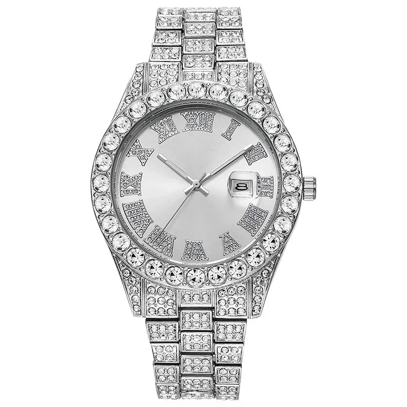 Stainless Steel Men's Watch Full Diamond Gold Quartz Watch Personality Hip-hop Feng Shui Ghost Roman Diamond Inlaid Men's Watch