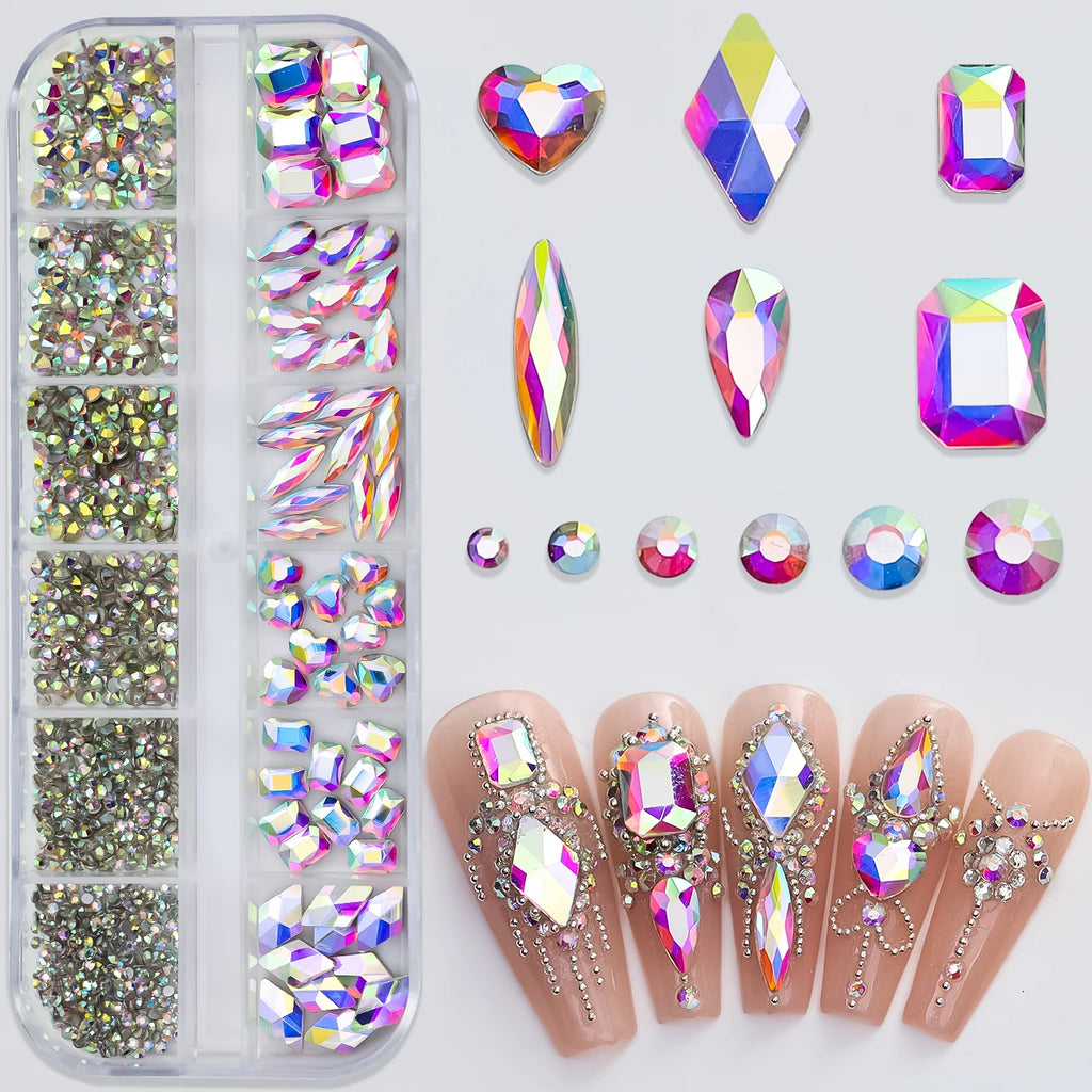 12Grids 3D Pink Nail Art Rhinestones Flatback Glass Gems Stones Nail Art Decorations Luxurious Diamond DIY Manicure Accessories