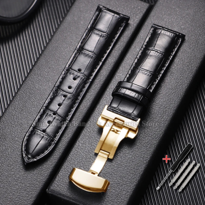 10/12/14/15/16/17/18/19/20/21/22/23/24mm Cowhide Leather Watch Strap Waterproof Sport Wrist Band Metal Butterfly Buckle Bracelet
