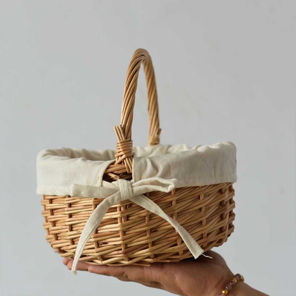 Tote Basket Mini Plus Cloth Lining Rattan Woven Weaving Bamboo Flower Basket with Washable Lining for Hiking Camping Picnic