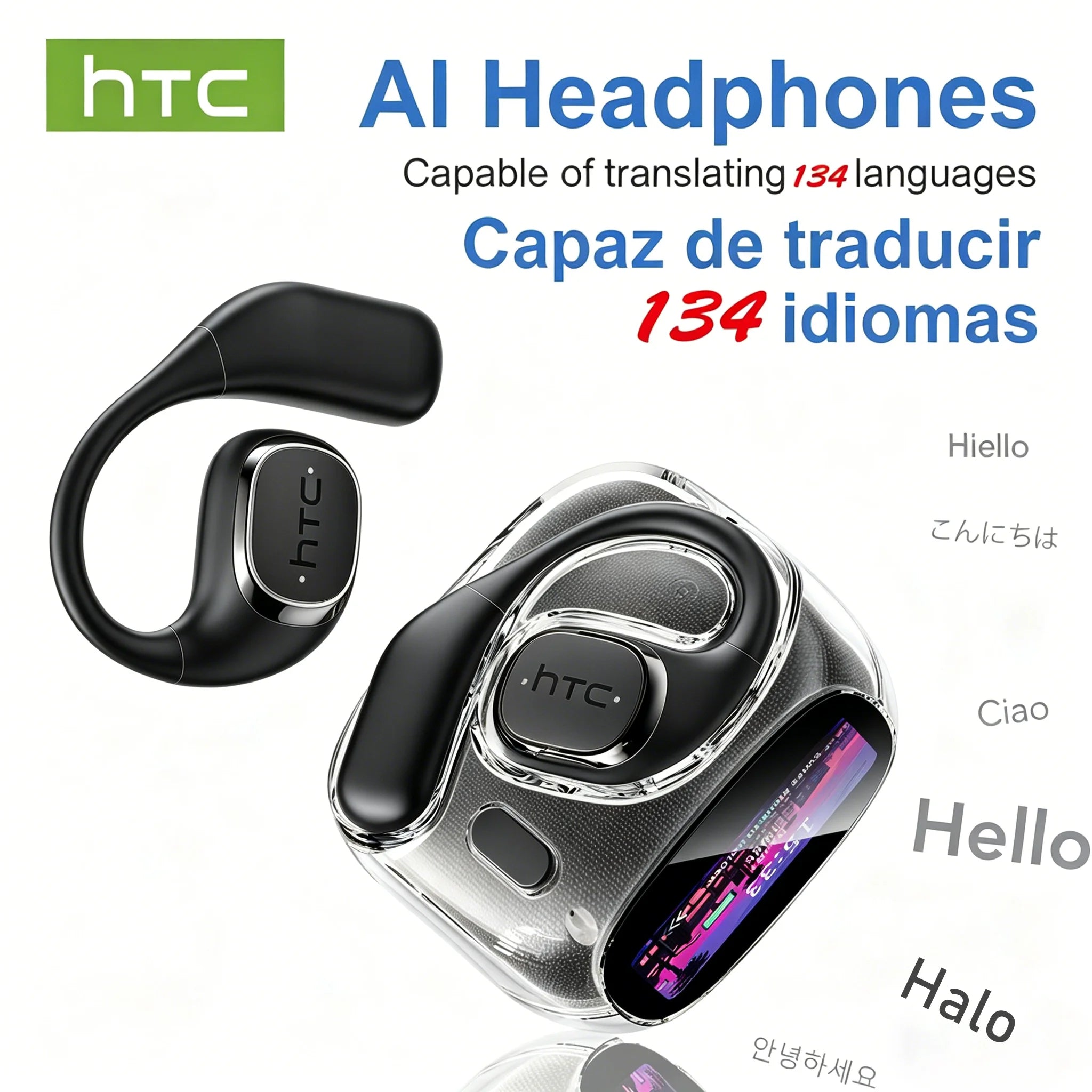 HD Screen Wireless Earphones Bluetooth Music Earbuds HTC NE11 150 Languages 30 hour Battery Life Clear Audio Comfortable Wearing