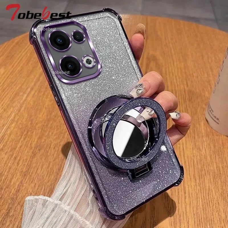 Glitter Shockproof Silicone Case For OPPO Reno 13 12 12F 11 11F 10 9 8 7 Pro Plus 4G 5G Mirror Magnetic Holder Stand Soft Cover