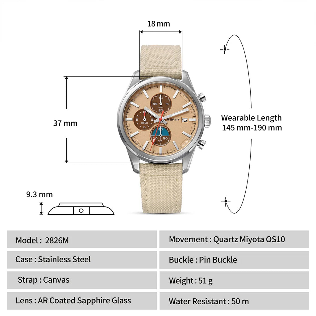 BERNY Chronograph Watch for Women/Men Sports Leisure Miyota OS10 AR Coated Sapphire Waterproof Top Fashion Sport Couple Watches