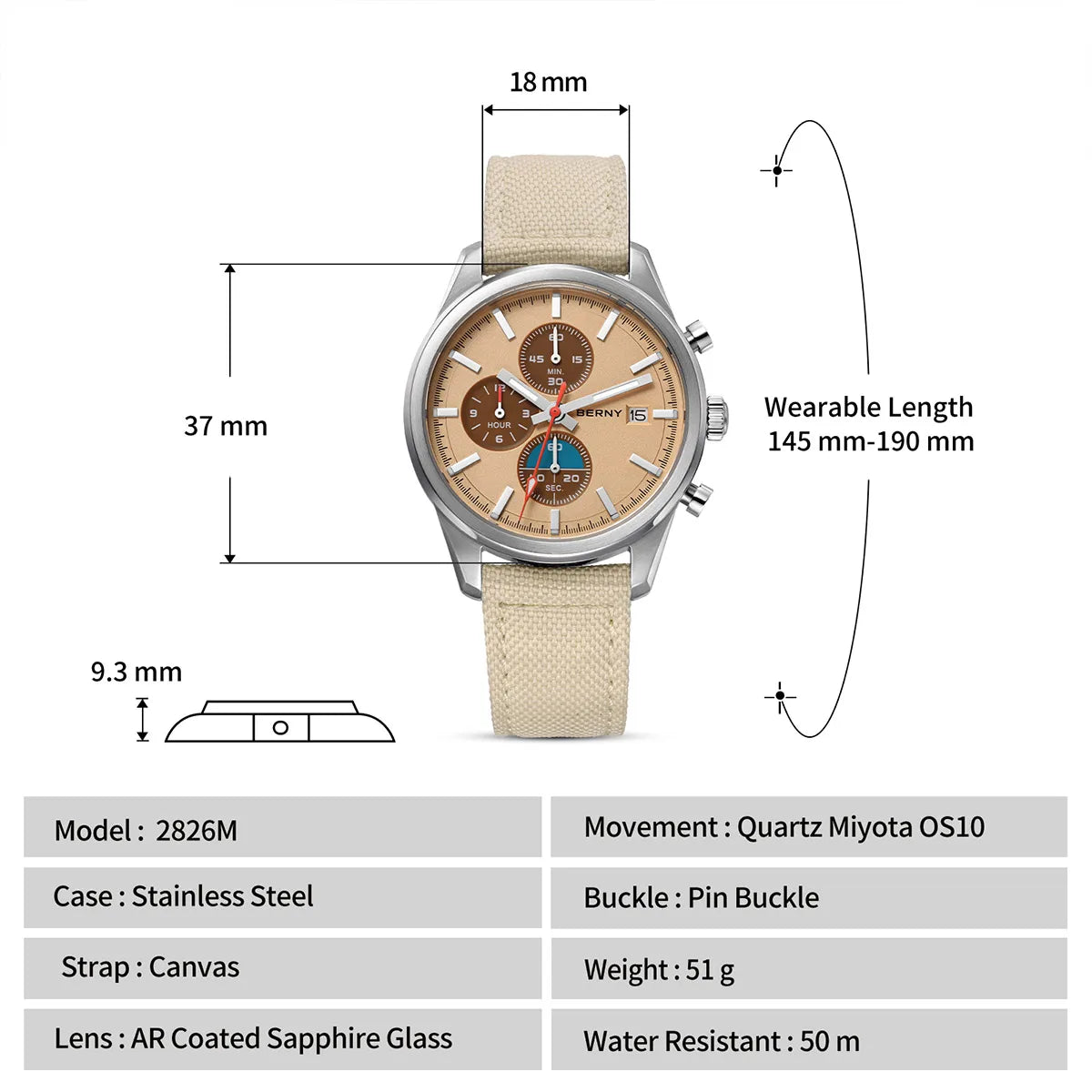 BERNY Chronograph Watch for Women/Men Sports Leisure Miyota OS10 AR Coated Sapphire Waterproof Top Fashion Sport Couple Watches