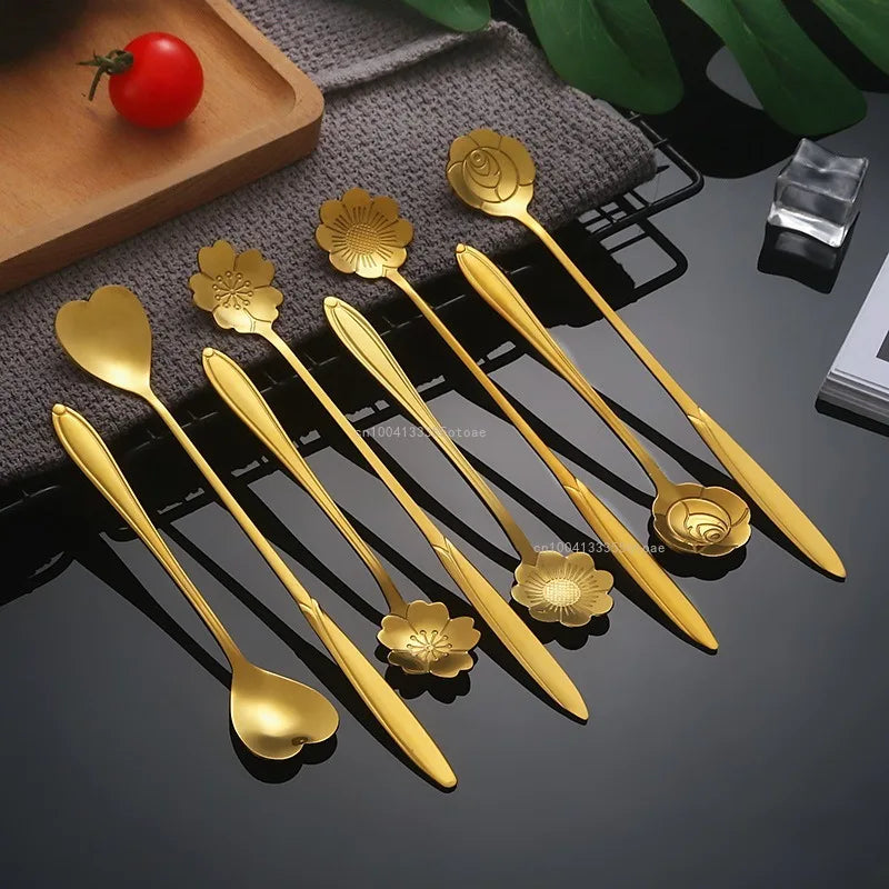 1pcs Stainless Steel Cherry Rose Flower Gold Scoop Coffee Spoon Gifts Kitchen Dessert Tea Accessories Tableware Decoration