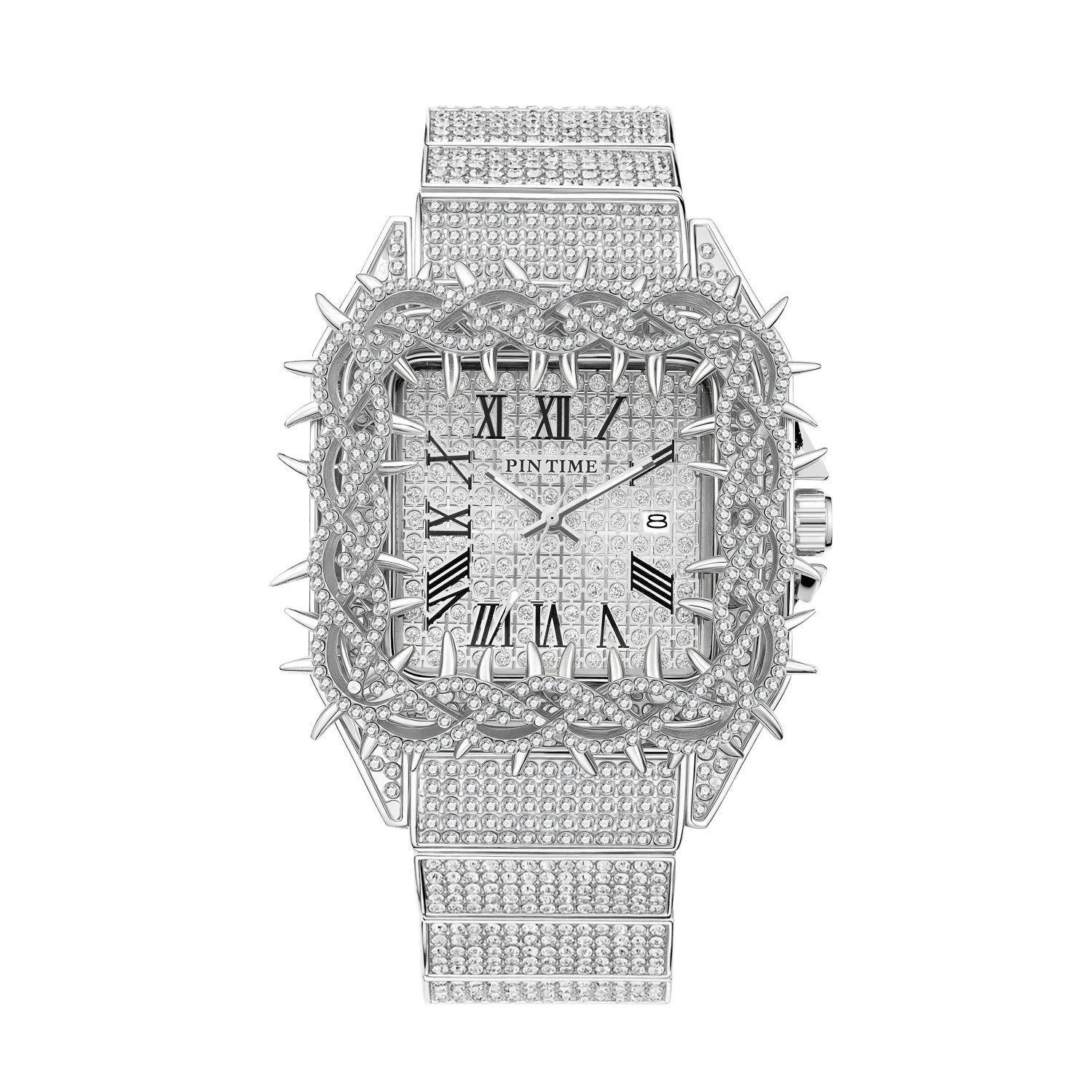 Black Spiked Diamond Quartz Watch Hip Hop Bling Full Crystal Wristwatch Men's Punk Style Daily Wear Jewelry with Gift Box
