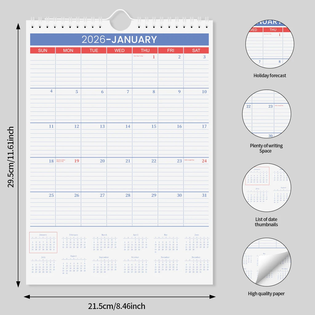2026 A4 Wall Calendar Jan–Dec, Large Monthly Layout, Holiday Markings, Easy-Hang Spiral Design