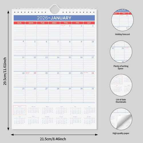 2026 A4 Wall Calendar Jan–Dec, Large Monthly Layout, Holiday Markings, Easy-Hang Spiral Design