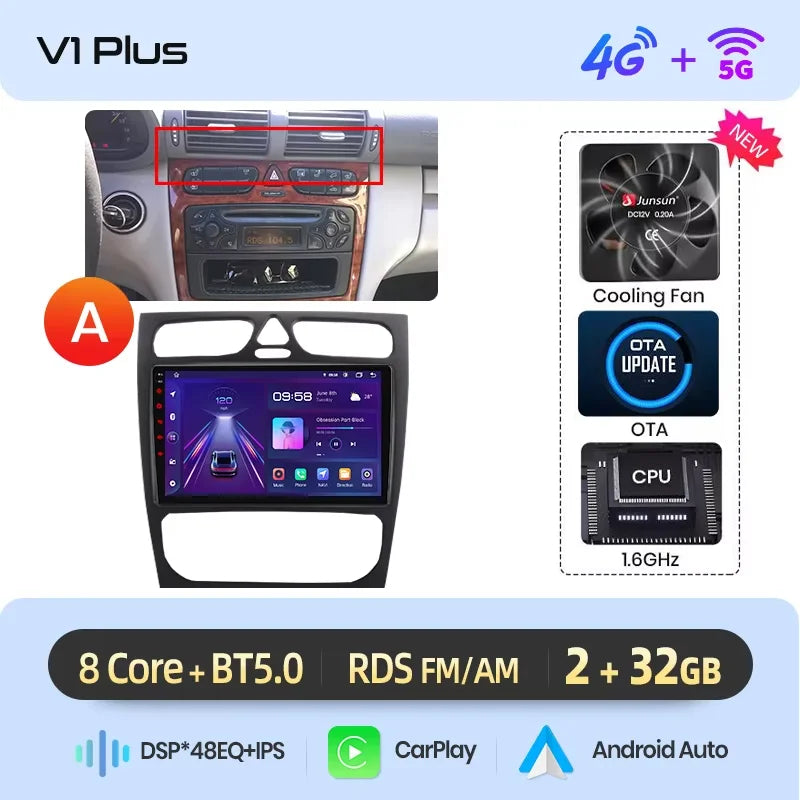 Junsun Wireless CarPlay Android Auto Car Radio For Mercedes-Benz C-Class (W203) / CLK-Class (C209/A209) 2000-2009 Built-in Cooling Fan Android GPS Navigation Multimedia Player WiFi DSP RDS BT SWC IPS Touch Screen Autoradio Vi