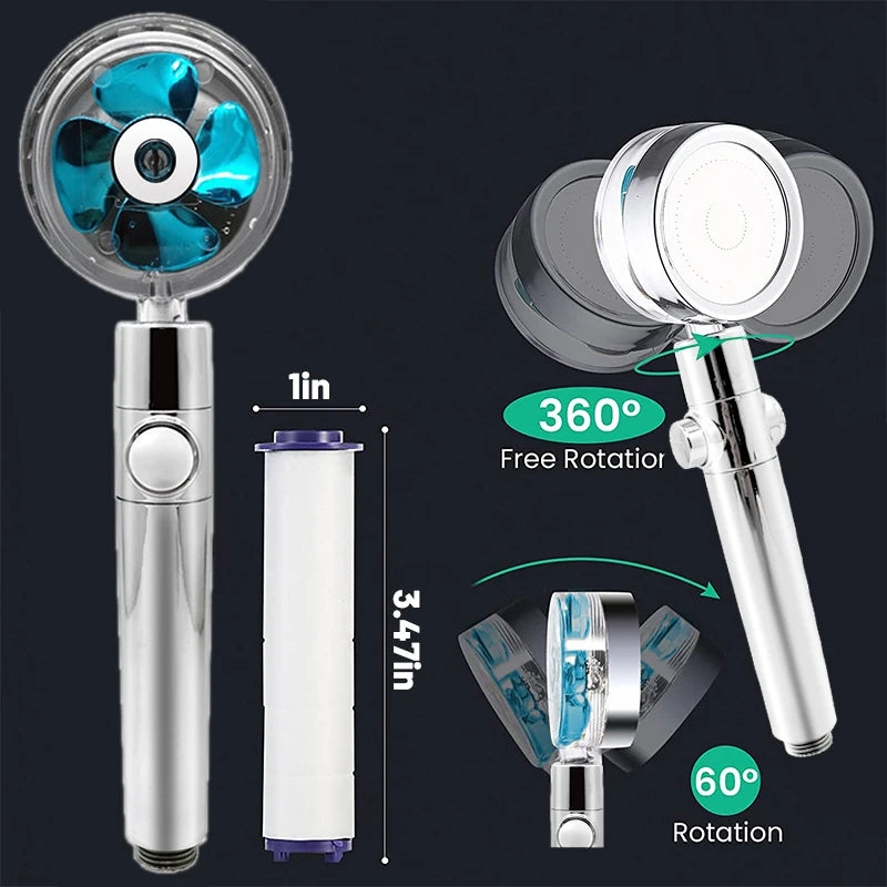 High Pressure Shower Head Rainfall Water Saving 360 Rotating Twin Turbo Propeller Fan Showerhead Bathroom Accessories