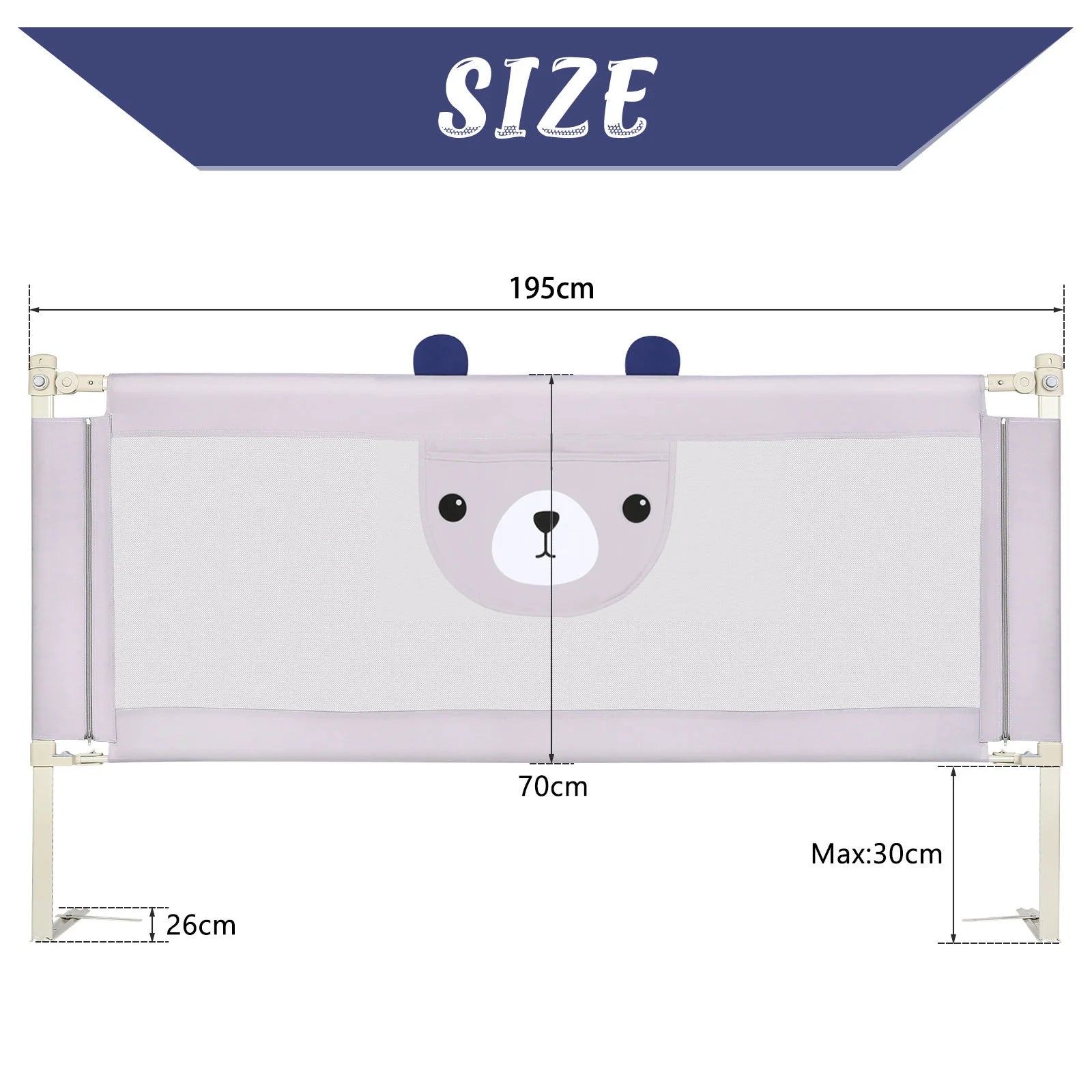 30-level adjustable baby bed barrier metal frame Anti-drop light gray breathable fabric with cute pattern, cm/cm