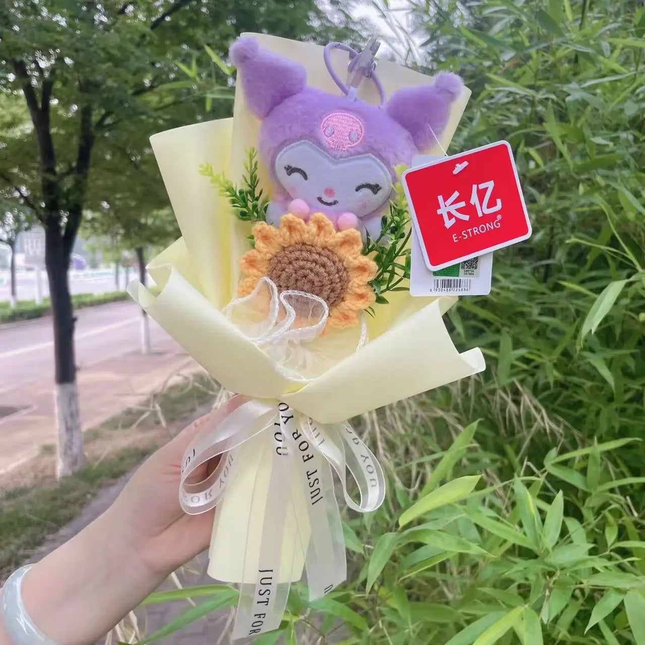 Genuine Sanrio Plush Toy My Melody Kuromi Cinnamoroll Hellokitty With Crochet Flowers Handmade Bouquets Christmas Birthday Gifts