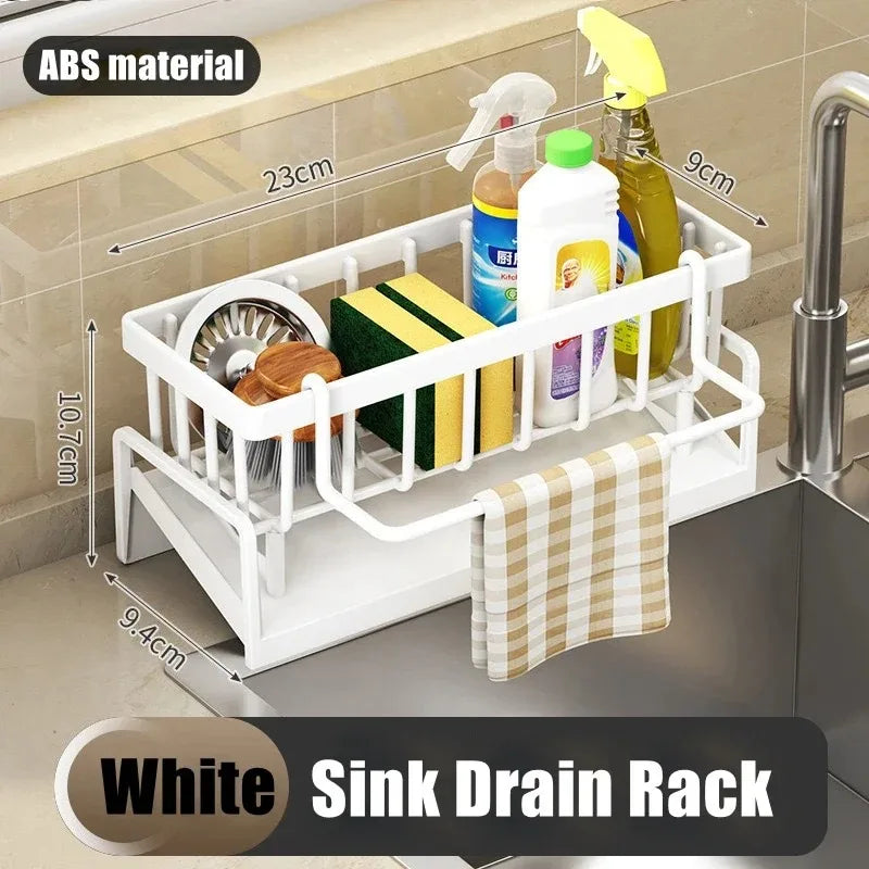 No-Punch ABS Kitchen Sink Shelf with Hooks Multifunctional Faucet Drainage Rack Adhesive Tap Organizer for Spice & Rag Storage ﻿