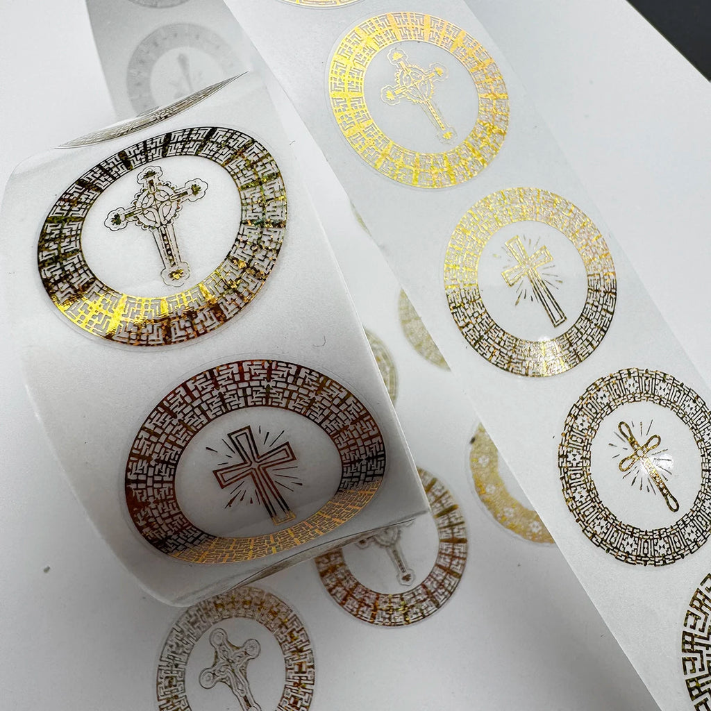 500 Pcs Foil Golden Cross Round Stickers Roll – Elegant Religious Decorative Seals for Scrapbooking, Journals, Planners