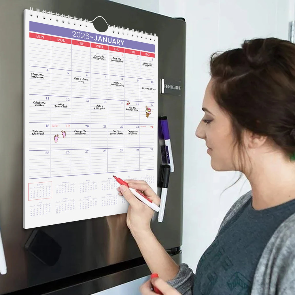 2026 A4 Wall Calendar Jan–Dec, Large Monthly Layout, Holiday Markings, Easy-Hang Spiral Design