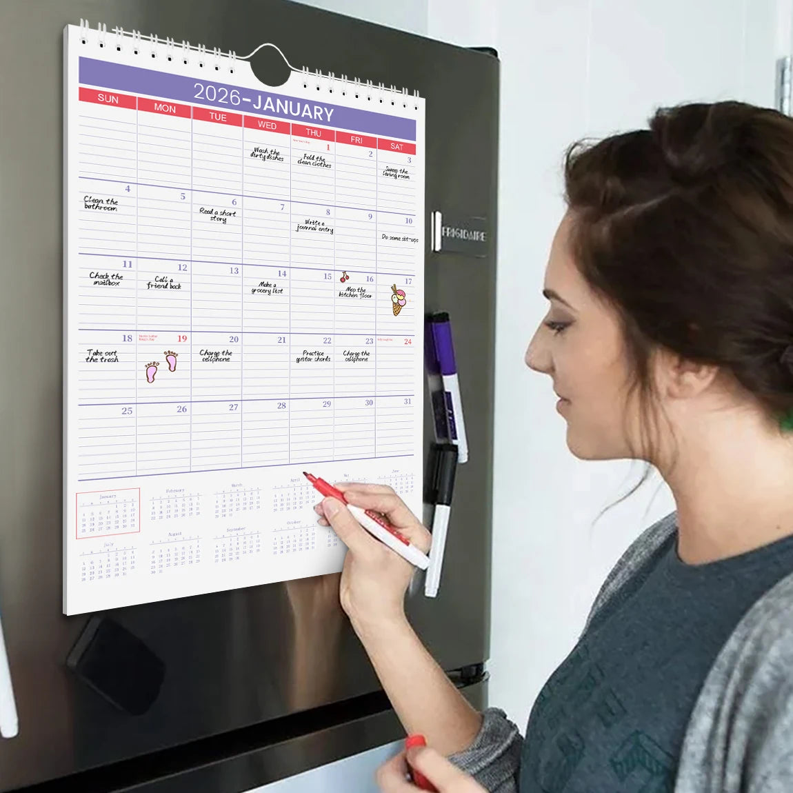 2026 A4 Wall Calendar Jan–Dec, Large Monthly Layout, Holiday Markings, Easy-Hang Spiral Design