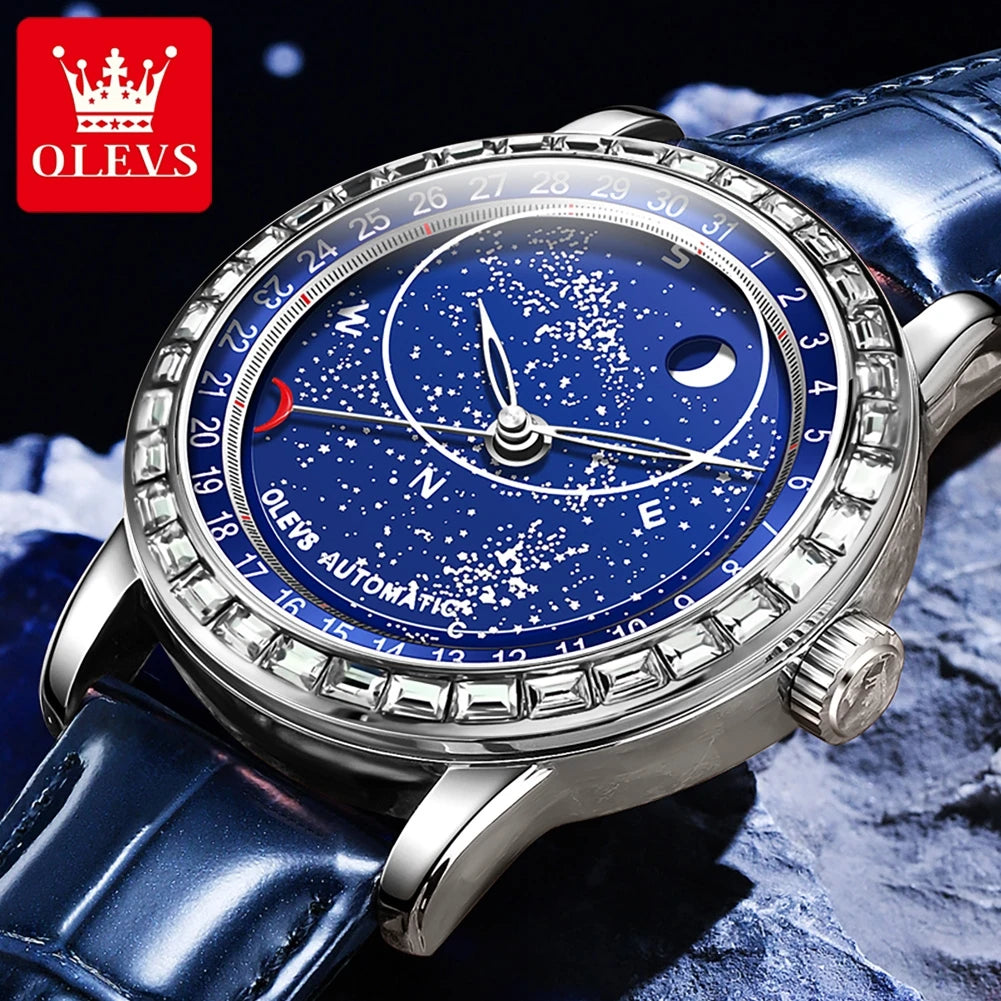 OLEVS Original Men's Automatic Mechanical Watch Fashion Business Leather Strap Luxury Diamond Starry Sky Moon Phase Men's Watch