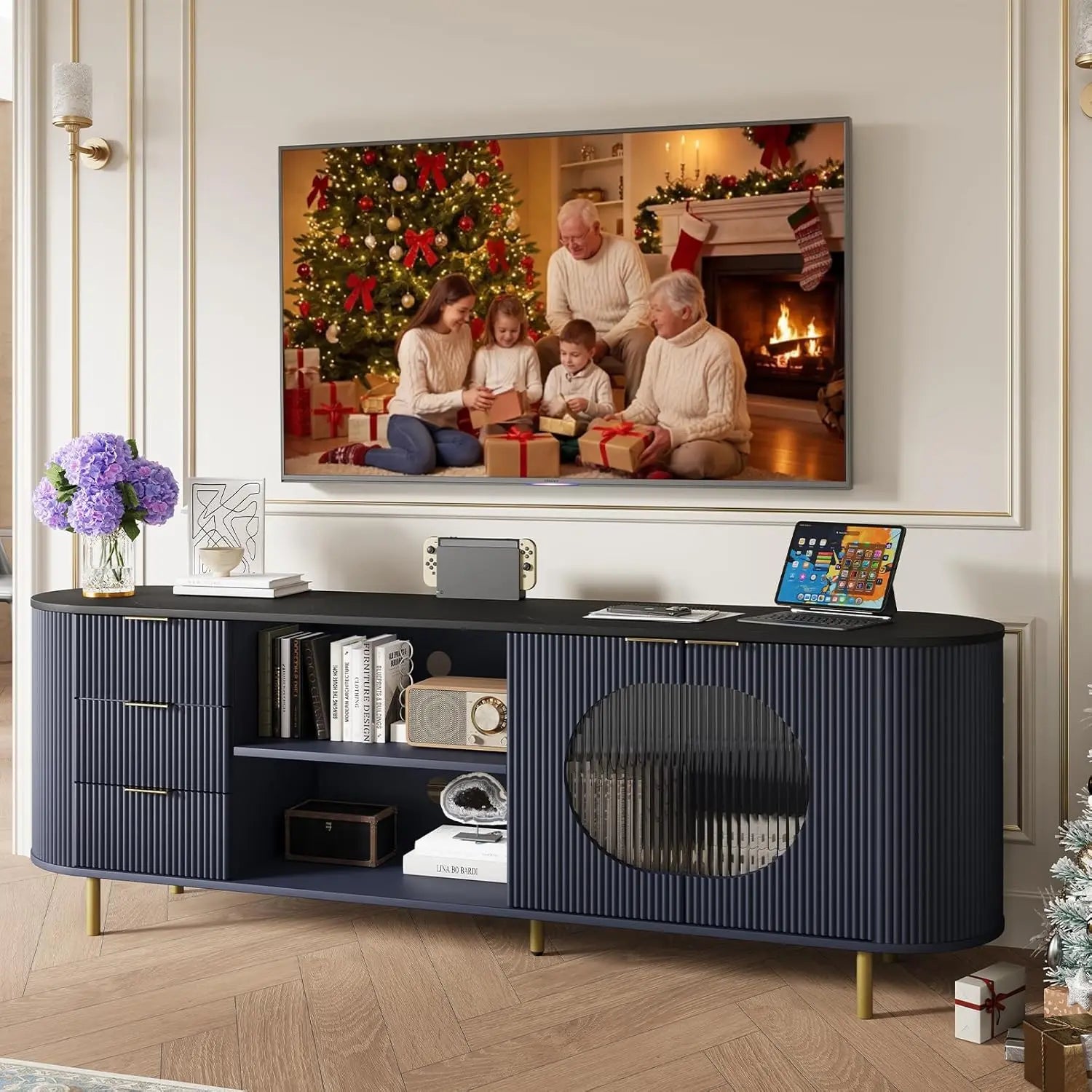 69" Fluted TV Stand Storage Console 3 Drawers & Doors Faux Marble Top Blue Customized