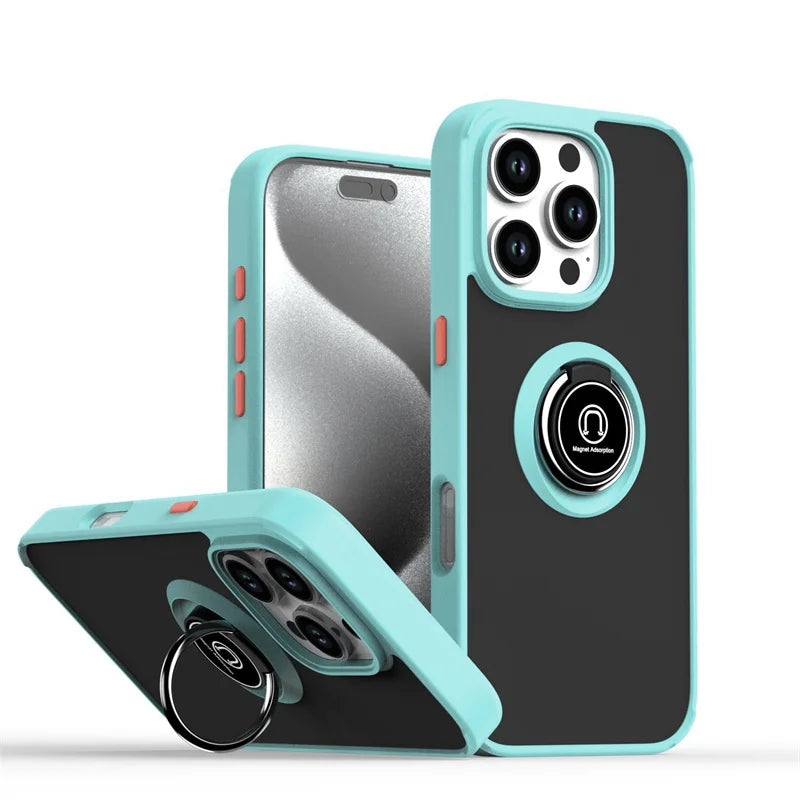 Shockproof Matte Hard PC Armor Case For iPhone 16 15 14 13 12 11 Pro Max Mini XS XR X 16e Car Magnetic Holder Ring Stand Cover