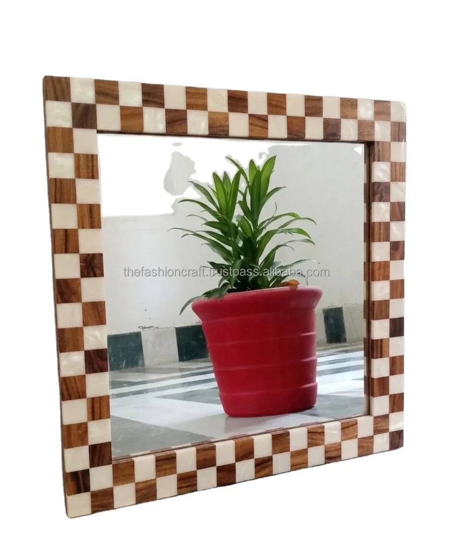 Premium Handmade Custom Chess Design Modern Eco-Friendly Polished Wedding Square Wood/Resin 18x18 Inch Mirror Wall Art Home