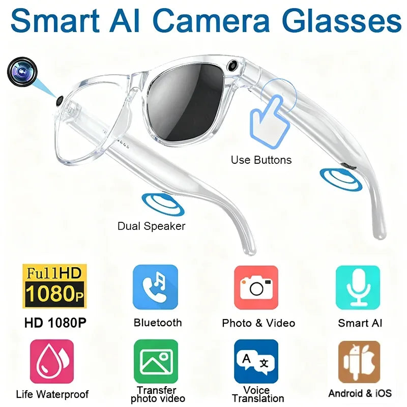 Lenovo AI Smart Glasses With 8K 1200mp Camera Chat Gpt Touch Sport Sunglasses Music Player Bluetooth Calling Voice Assistant