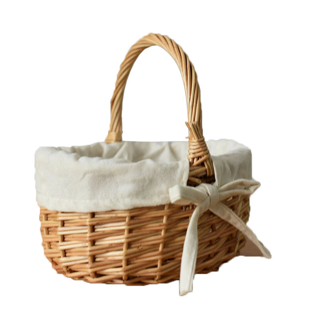 Tote Basket Mini Plus Cloth Lining Rattan Woven Weaving Bamboo Flower Basket with Washable Lining for Hiking Camping Picnic