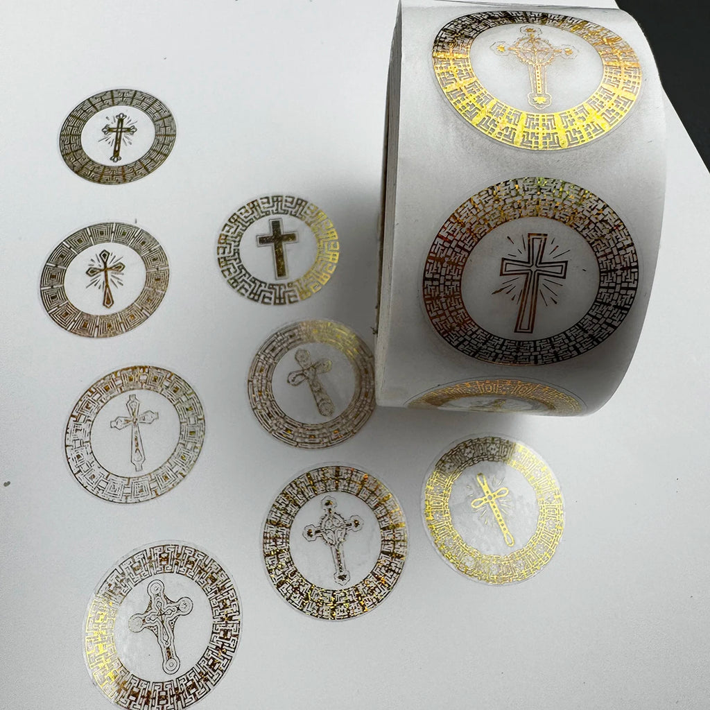 500 Pcs Foil Golden Cross Round Stickers Roll – Elegant Religious Decorative Seals for Scrapbooking, Journals, Planners