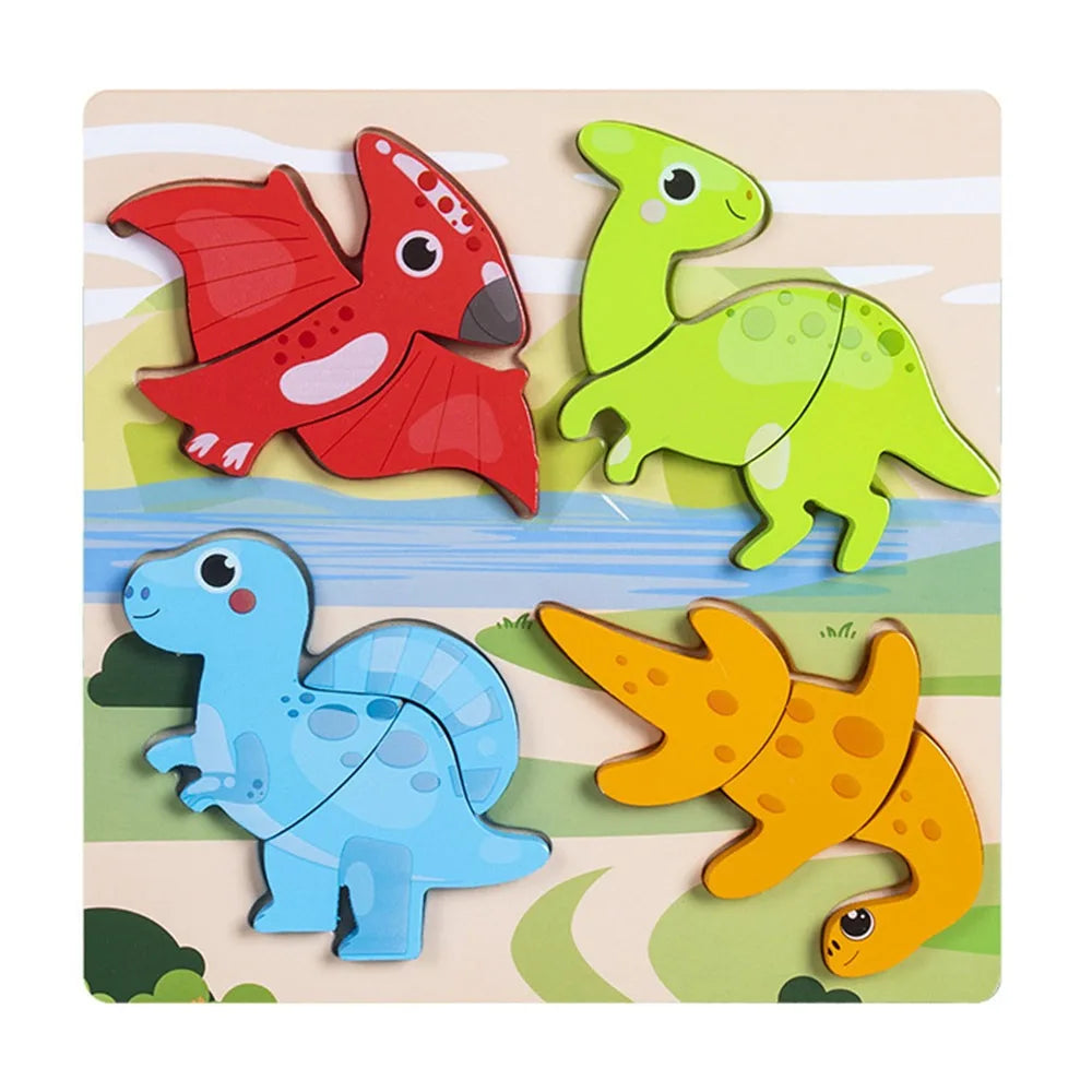 Multicolor Wooden 3D Puzzle Fruits Dinosaur Hand-eye Coordination Early Education Puzzle Cartoon Animal English Learning Puzzle