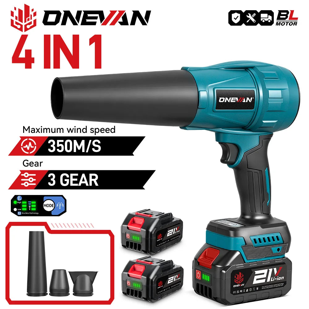 ONEVAN 3500W Brushless Electric Turbo Blower Jet Fan 350M/S 4 Nozzles Leaf Blower Dust Blowing Tool For Makita 18V Battery Pin