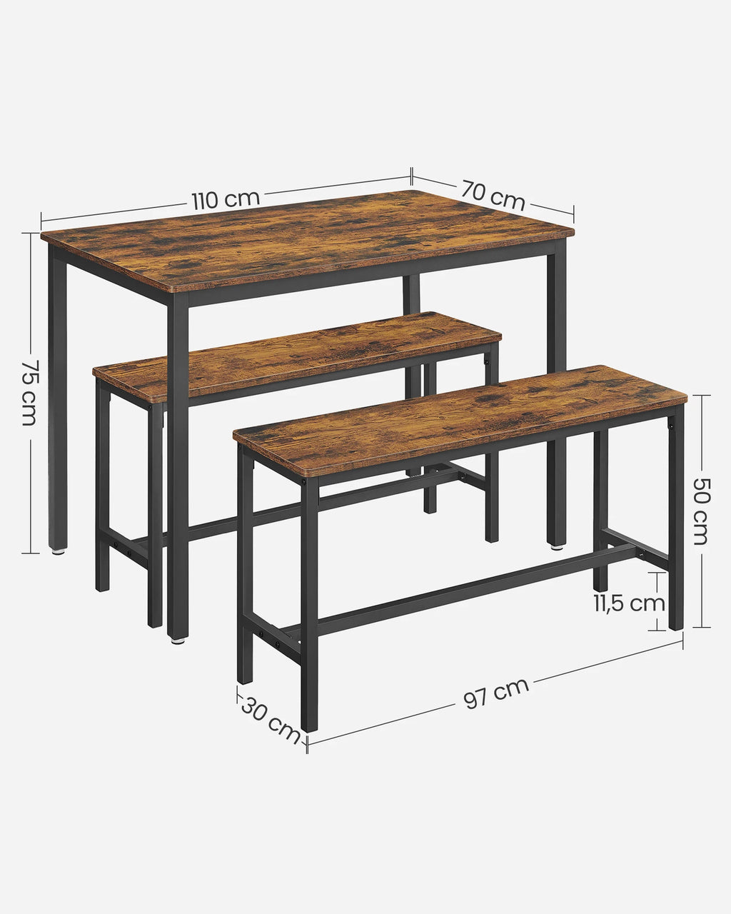 VASAGLE Dining Table with 2 Benches, 3 Piece Set, Kitchen Table of 70 x 110 x 75 cm, 2 Benches of 30 x 97 x 50 cm Each