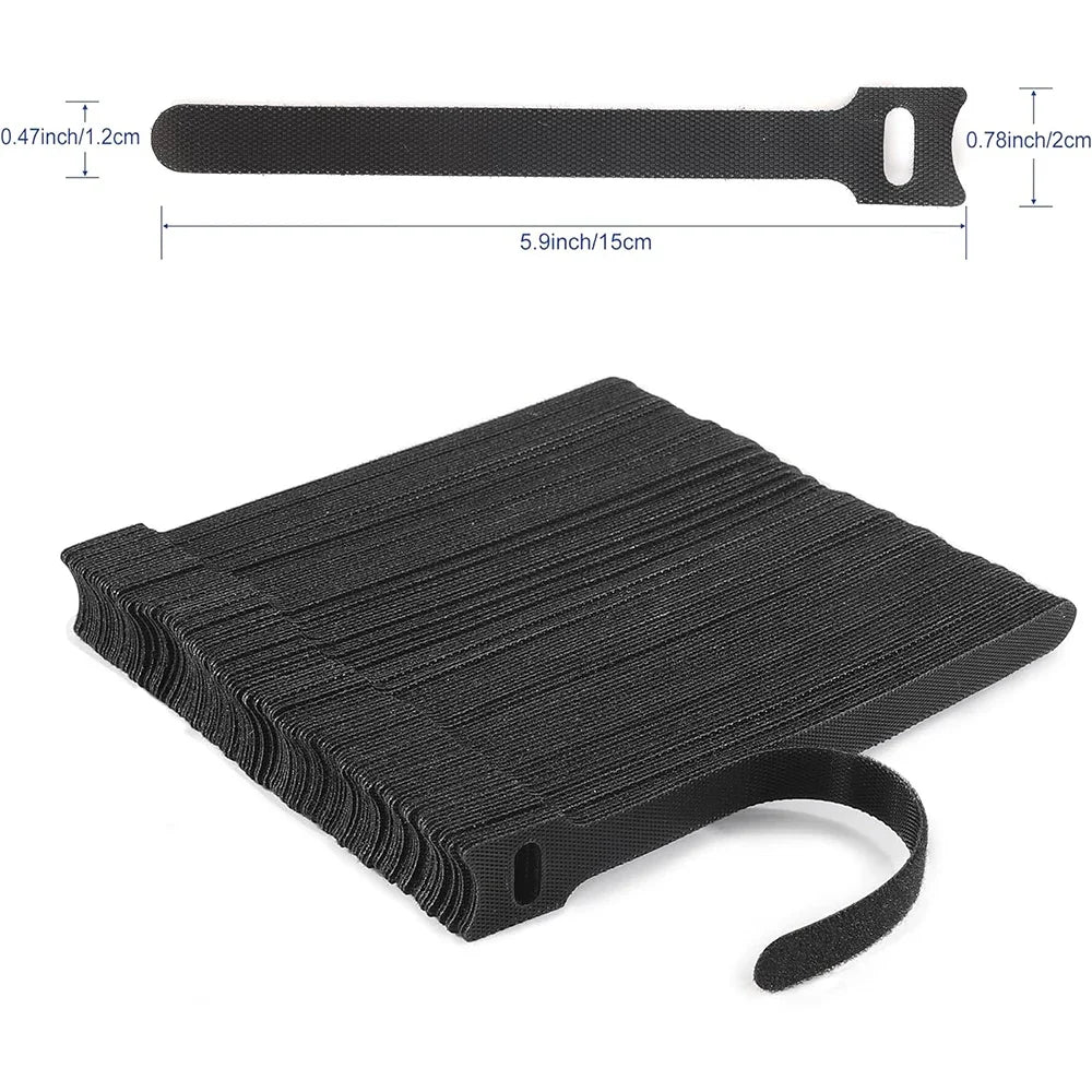 Black Releasable Cable Ties Nylon Loop Hoop Fastener Tape Cord Straps Wire Organizer Multi-Purpose Bundling Wrap Tie