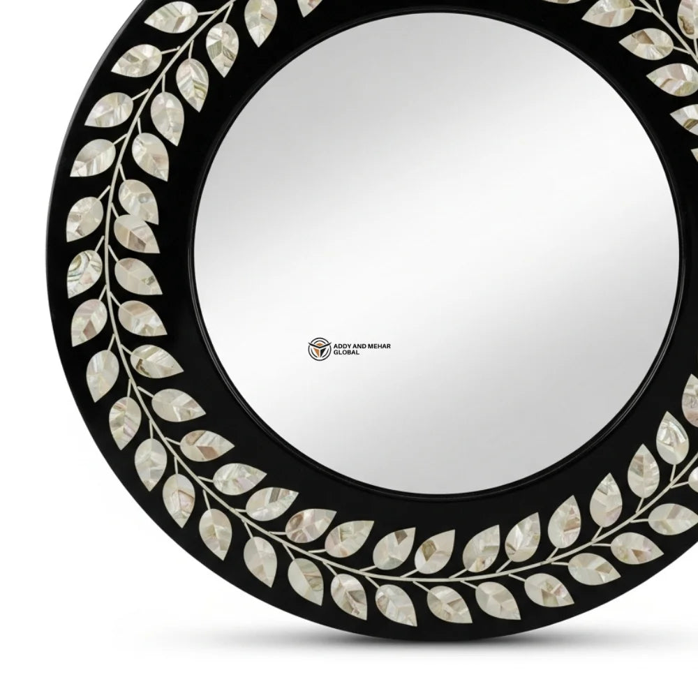 Elegant Square Art Deco Eco-Friendly Framed Accent Mirror Hand-Set Shell Leaf Motifs Contemporary Black Finish for Wedding Decor