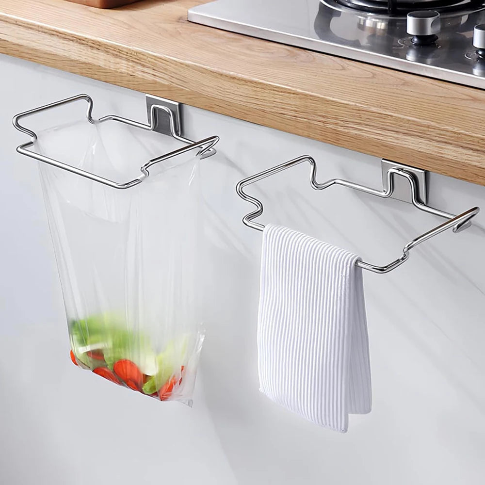 Stainless Steel Kitchen Garbage Bag Holder Hanging Cabinet Door Trash Rack Space-Saving Kitchen Gadget