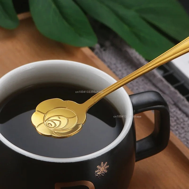 1pcs Stainless Steel Cherry Rose Flower Gold Scoop Coffee Spoon Gifts Kitchen Dessert Tea Accessories Tableware Decoration