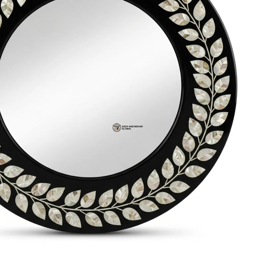 Elegant Square Art Deco Eco-Friendly Framed Accent Mirror Hand-Set Shell Leaf Motifs Contemporary Black Finish for Wedding Decor
