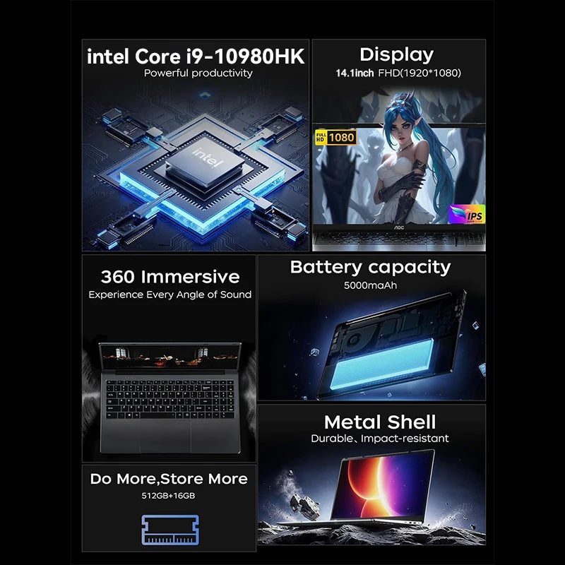Intel Core i9 10980HK Gaming Laptop Computer 14.1inch Windows 11 Pro Laptops Office 16GB RAM 2TB SSD Gamer Portable Notebook PC