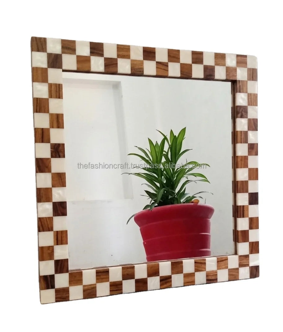 Premium Handmade Custom Chess Design Modern Eco-Friendly Polished Wedding Square Wood/Resin 18x18 Inch Mirror Wall Art Home
