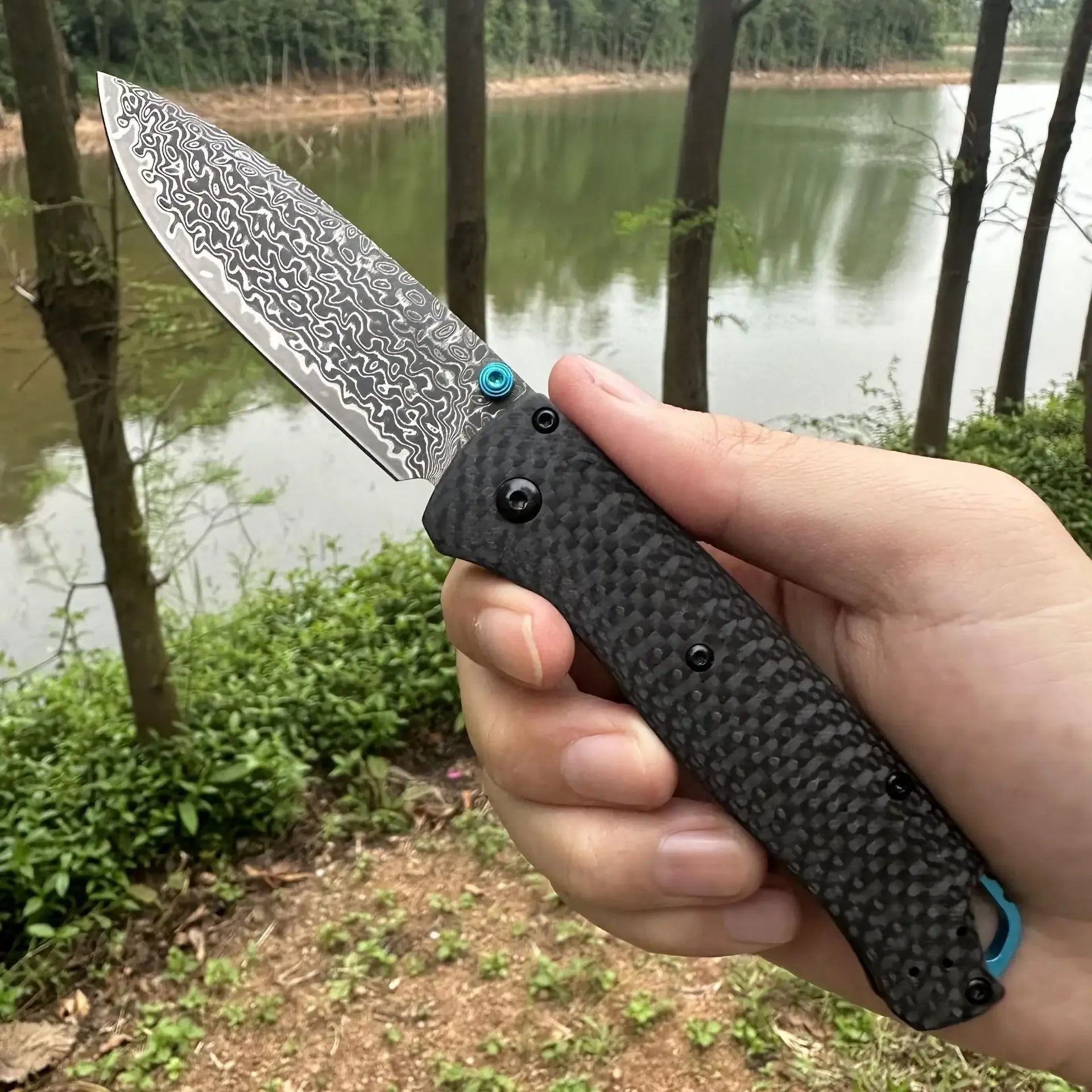 BM Bugout 535 Carbon Fiber Folding Knife Damascus Steel Blade Outdoor Hiking Self-Defense Knife Wilderness Survival Knife