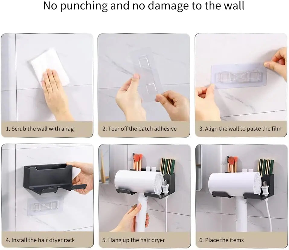 1pc Multi-Functional Wall Mounted Hair Dryer Holder, Bathroom Hair Tool Organizer Storage Rack for Home & Hotel Use