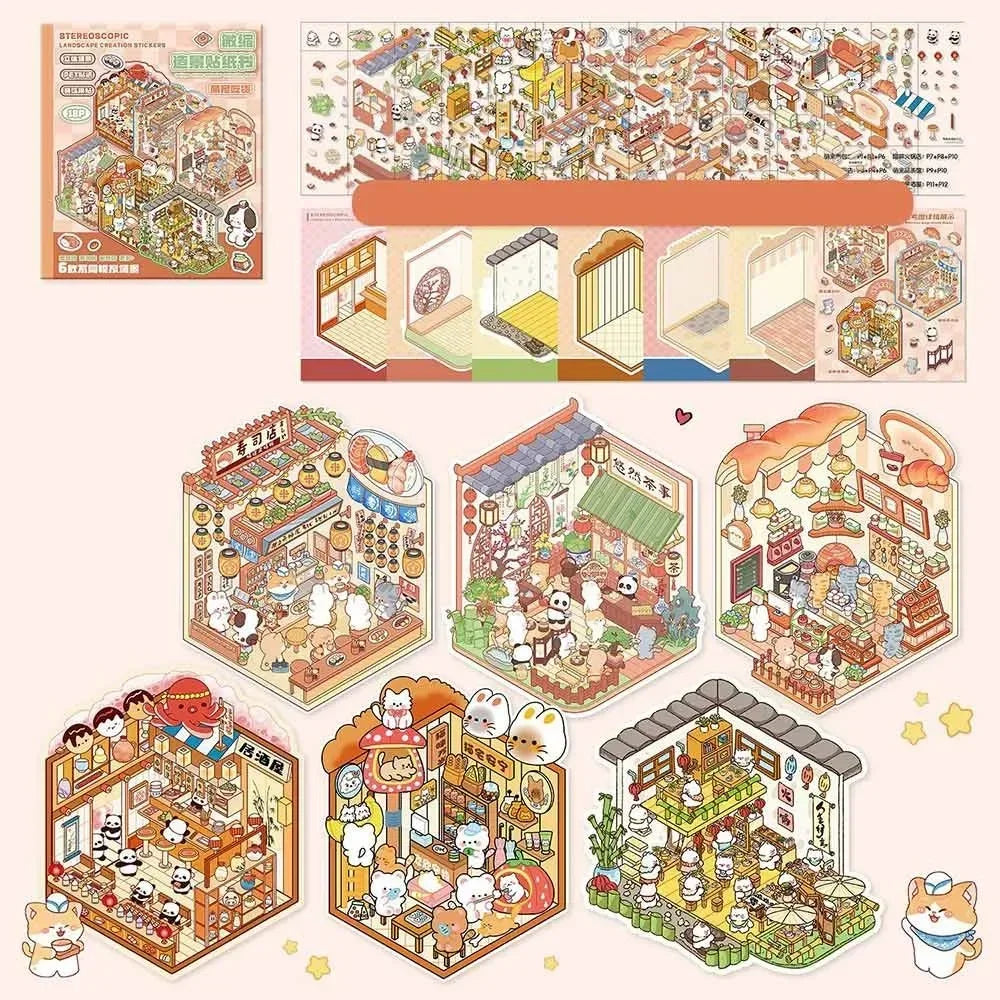 New Cartoon 3D Landscape Sticker Book Three-dimensional DIY Cabin Scene Pocket Sticker Miniature Scene Book Student Kid Child