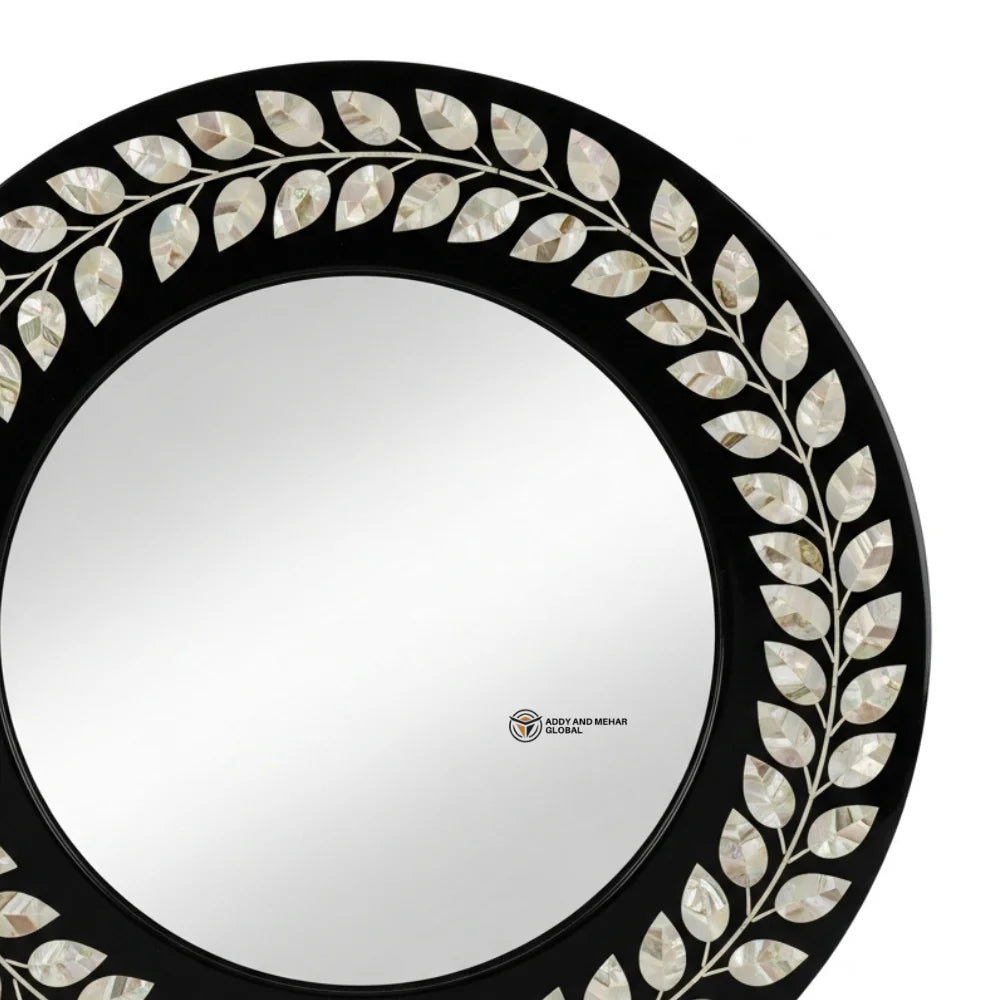 Elegant Square Art Deco Eco-Friendly Framed Accent Mirror Hand-Set Shell Leaf Motifs Contemporary Black Finish for Wedding Decor